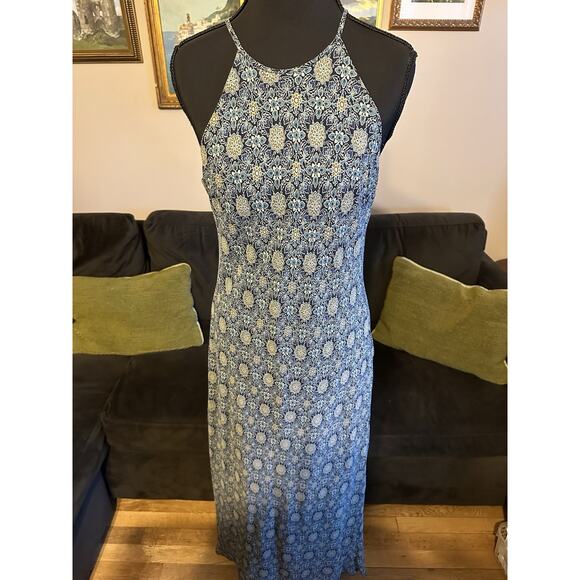 Ann Taylor Dresses & Skirts - Vintage Y2K Ann Taylor Silk Maxi Dress Blue Floral Halter Wedding Resort 8
